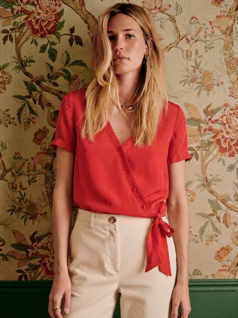 Sezane Red Silk V-Neck Wrap Top Blouse Lace Trim Button Front Size 36 US 4